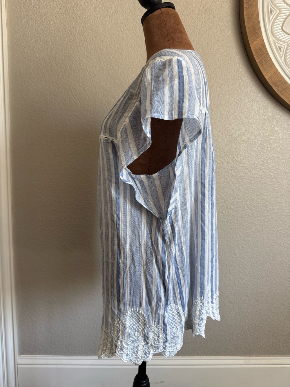 Vanessa Virginia Anthropologie Blue White Striped Embroidered Hem Eyelet Boho L - Picture 3 of 12